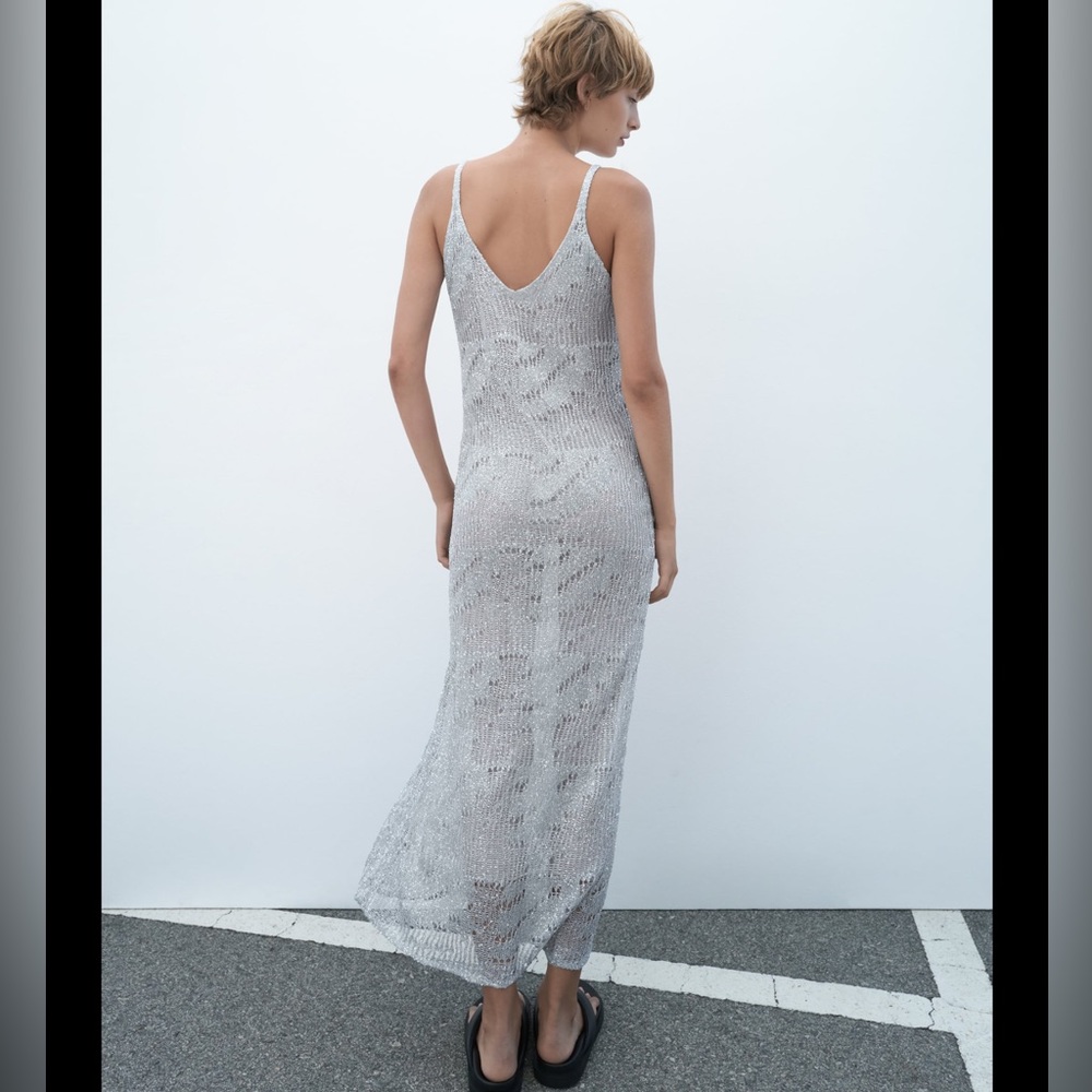 Zara mesh openknit crochet metallic silver sequins dress